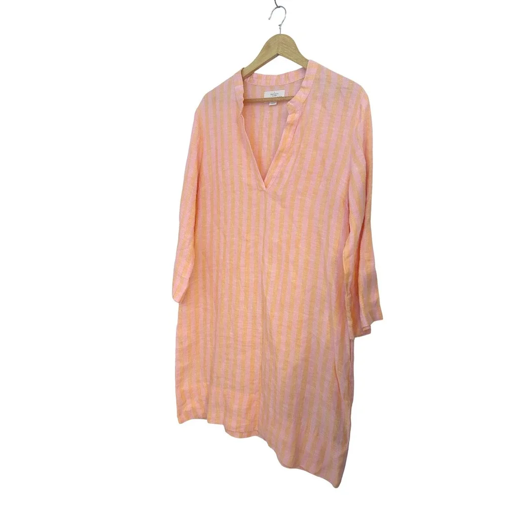 Trovata Birds of Paradis Lucca Linen Shirt Dress Pink Orange Stripe Womens Large